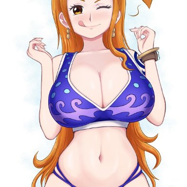 one piece, shounen jump, nami, nami (one piece), hiyozuki, 1girls, bare arms, bare legs, bare shoulders, bare thighs, big breasts, blush, clothed, clothing, eye closed