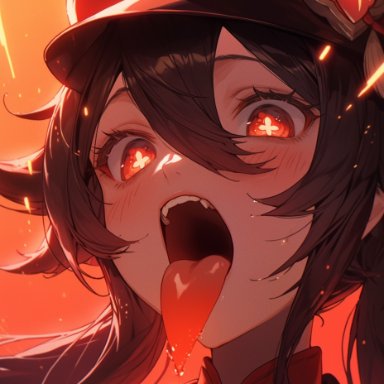 genshin impact, hu tao (genshin impact), 1girls, bangs, blush, clothed, clothed female, female, female only, hat, looking at viewer, mouth, open mouth, presenting mouth, red eyes