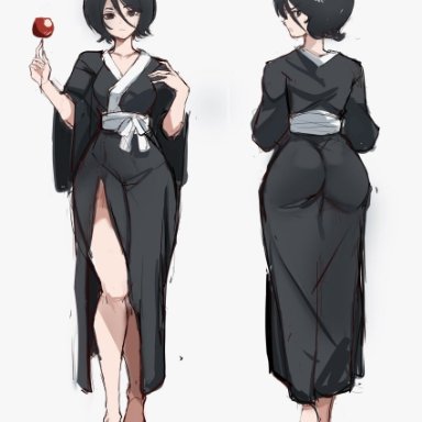 bleach, kuchiki rukia, rakeemspoon, 1girls, apple, ass, ass focus, back view, big ass, black hair, front view, short hair, solo, solo female