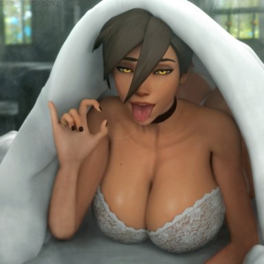 overwatch, overwatch 2, lena oxton, tracer, selfmindsources, 1girls, accessory, ass, bed, bed sheet, bedroom, bedroom eyes, big breasts, black nail polish, black nails