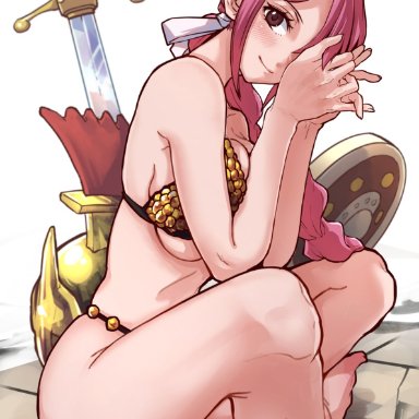 one piece, rebecca (one piece), aosora5088, barely clothed, bikini, gladiator, hourglass figure, pink hair, sitting, squished breasts, teen, teenage girl, teenager, voluptuous teen