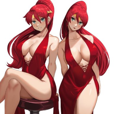 rwby, pyrrha nikos, nico-mo, 1girls, blep, cleavage, cocktail dress, dress, female, female only, green eyes, large breasts, light skin, light-skinned female, looking at viewer