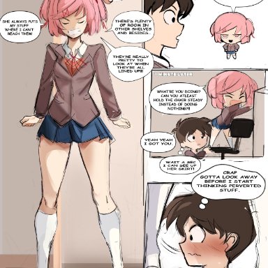 doki doki literature club, mc (doki doki literature club!), rakeemspoon, 1boy, 2girls, pink eyes, pink hair, school uniform, schoolboy, schoolgirl