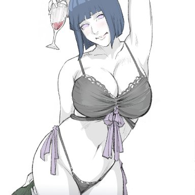 boruto: naruto next generations, naruto, naruto (series), hyuuga hinata, raikage art, big breasts, bra, lingerie, panties, seductive look, seductive pose, wine, wine bottle, wine glass, edit