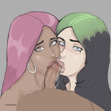 billie eilish, nicki minaj, jumbogumbo, black hair, blue eyes, collaborative fellatio, dark skin, dark-skinned female, earrings, fellatio, green hair, light skin, light-skinned female, long hair, pink hair