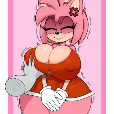 sega, sonic (series), sonic the hedgehog (series), amy rose, monochrome ai, 1girls, angry, angry face, big breasts, big thighs, breasts, erect nipples, erect nipples under clothes, eyelashes, female