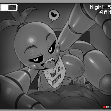 five nights at freddy's, chica (fnaf), toy chica (fnaf), troppart, 1girls, animatronic, animatronic girl, big breasts, camera view, large breasts, looking at viewer, robot, robot girl, greyscale