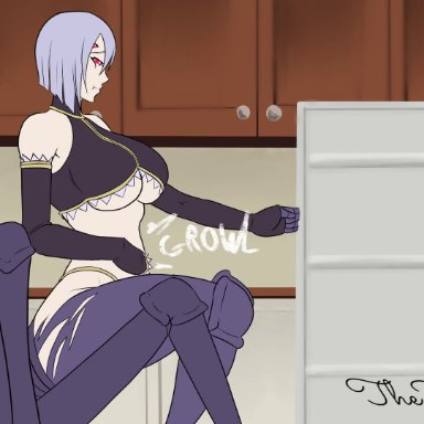 monster musume no iru nichijou, miia (monster musume), rachnera arachnera, the fudgeman, 2girls, arachne, belly expansion, big belly, big breasts, cleavage, cooking, female only, four eyes, lamia, long hair