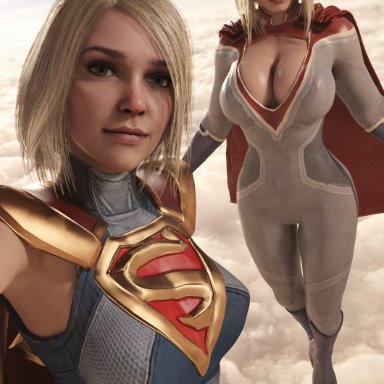 dc, dc comics, injustice 2, netherrealm studios, superman (series), kara zor-el, karen starr, power girl, supergirl, supergirl (injustice), alf3d, 2girls, big breasts, boob window, cleavage