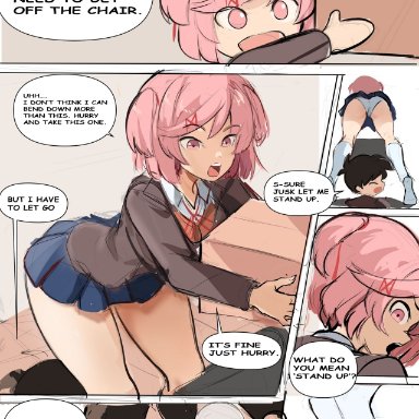 doki doki literature club, mc (doki doki literature club!), rakeemspoon, 1boy, 1girls, holding box, panties, pink eyes, pink hair, school uniform, schoolboy, schoolgirl, sweating