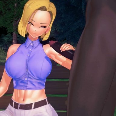 dragon ball z, android 18, krillin, kuririn, yoldea, 1girls, 2boys, ahe gao, black penis, blonde hair, cheating, cheating wife, cum, cum in mouth, cum on face