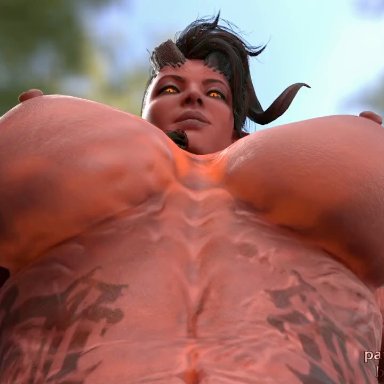 baldur's gate, baldur's gate 3, dungeons and dragons, karlach, tiefling, lizardsfm, 1futa, ambiguous pov, areolae, athletic futanari, balls, big penis, black hair, completely nude, completely nude futanari