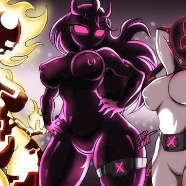 ben 10, cartoon network, chaquetrix, alien x, celestialsapien, galvanic mechamorph, heatblast, pyronite, upgrade (ben 10), skylight (artist), 3girls, alien, alien girl, big breasts, black body