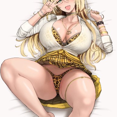 goddess of victory: nikke, rupee (nikke), miyamoto issa, 1girls, big breasts, blonde female, blonde hair, bra, feet, female, huge breasts, large breasts, legs, leopard print, light skin