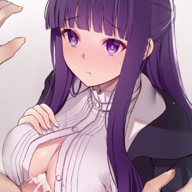 sousou no frieren, fern (sousou no frieren), interstellar, 1boy, between breasts, black coat, black robe, blunt bangs, blush, breasts, breasts squeezed together, closed mouth, coat, cum, cum on body