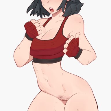 kill la kill, matoi ryuuko, litsilium, 1girls, bare shoulders, belly, big breasts, black hair, blue eyes, bra, breast press, breasts, challenging, chest, cleavage