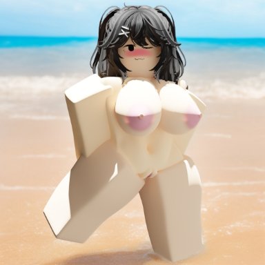 roblox, robloxian, :3, 1girls, arms behind head, beach, black hair, blush, completely nude, completely nude female, cute, female, female only, hands behind back, huge breasts