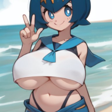 game freak, pokemon, pokemon sm, lana (pokemon), creamballz, 1girls, beach, big breasts, blue eyes, blue hair, breasts, curvaceous, curvy, female, hand sign