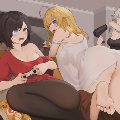 rwby, blake belladonna, ruby rose, team rwby, weiss schnee, yang xiao long, 100wang, wangxiii, 4girls, ass, black hair, blonde hair, blue eyes, cleavage, controller