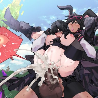 ffxiv, final fantasy xiv, square enix, gaia (ffxiv), viera, ravender aos, 1futa, 1girls, animal ears, animal penis, balls, big breasts, black hair, breasts, clothed