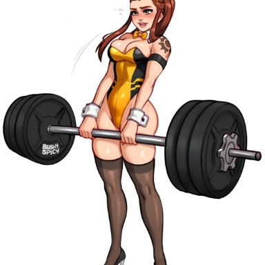 overwatch, overwatch 2, brigitte, blushypixy, blushyspicy, bunny ears, bunny girl, bunnysuit, exercise, exercise equipment, human, standing, suggestive, suggestive look, white background