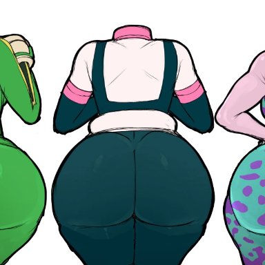 my hero academia, mina ashido, mina ashido (hero outfit), ochako uraraka, ochako uraraka (hero outfit), tsuyu asui, tsuyu asui (hero outfit), blackwhiplash, gameoveredits, ass, big ass, brown hair, costume, fat ass, frog