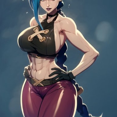 arcane, league of legends, jinx (league of legends), smoke600, blue eyes, blue hair, braided hair, fit, fit female, ai generated, stable diffusion