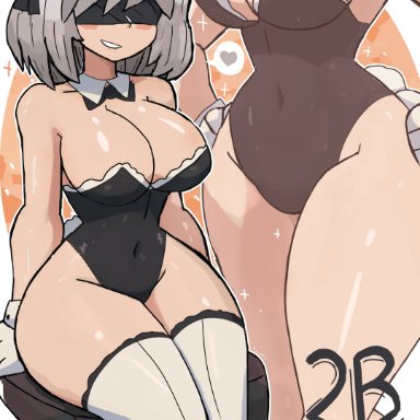nier: automata, yorha 2b, tony welt, 1girls, ass, blindfold, breasts, female, female only, gloves, large breasts, sitting, smile, solo, thighhighs