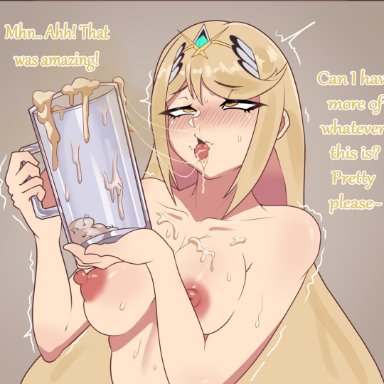 nintendo, xenoblade (series), xenoblade chronicles 2, mythra, byme, 1girls, blonde hair, breasts, cum, cum drinking, cum in container, cum in cup, female, gokkun, gold eyes