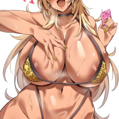 goddess of victory: nikke, rupee (nikke), sawayuzu, 1girls, areola slip, bare shoulders, bikini, blonde hair, choker, cleavage, collarbone, condom, condom wrapper, cowboy shot, earrings