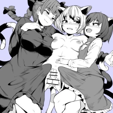 touhou, chen, goutokuji mike, kaenbyou rin, oerba yun fang, makin tama, 3futas, animal ear fluff, animal ears, areolae, balls, blush, bow, breasts, breasts apart