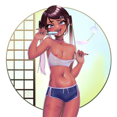 kasucola, 1boy, areolae, black nails, black shorts, blue popsicle, bulge, choker, dark-skinned femboy, dark-skinned male, eating, eating food, femboy, male with breasts, medium thighs