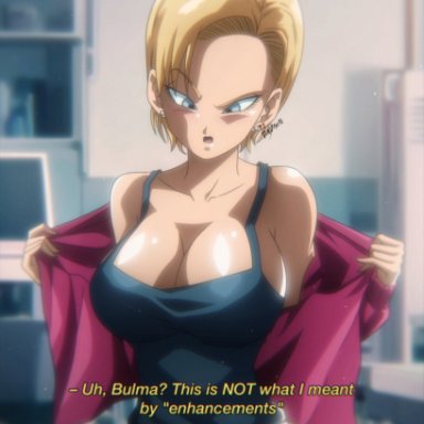 dragon ball, dragon ball super, dragon ball z, android 18, dindakai, 1girls, blonde hair, blue eyes, breasts, cleavage, female, female only, large breasts, pink track suit, solo