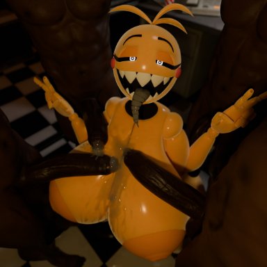 five nights at freddy's, five nights at freddy's 2, scottgames, toy chica (cyanu), toy chica (fnaf), 1girls, 4boys, animatronic, anthro, areola, avian, bedroom eyes, big breasts, big penis, blush