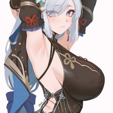 genshin impact, shenhe (genshin impact), nvl, 1girls, armpit, blue eyes, chinese clothes, chinese dress, female, female focus, female only, hands behind head, hands up, huge breasts, light skin