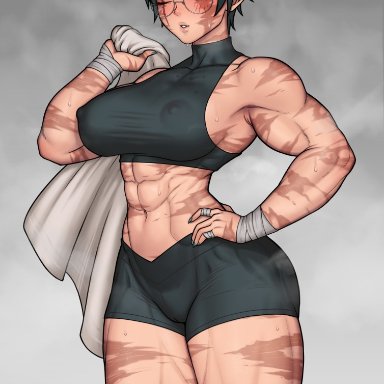 jujutsu kaisen, zenin maki, cheekie0, 1girls, abs, after exercise, bare arms, bare legs, bare shoulders, bare thighs, big breasts, blush, clothed, clothing, exercise
