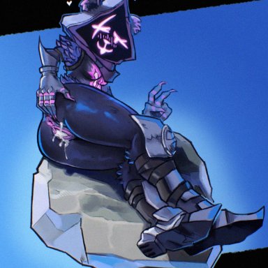 epic games, fortnite, raven team leader, sinnerolls, anthro, anus, arm strap, armor, bear, belt, blue background, bodily fluids, boots, breasts, chest tattoo