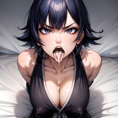 bleach, soifon, arbitrary, 1girls, after fellatio, after oral, angry, angry face, cleavage, cum, cum dripping from mouth, cum in mouth, large breasts, nipple bulge, open mouth