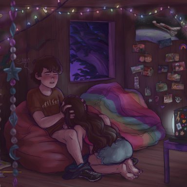 disney, disney channel, gravity falls, dipper pines, mabel pines, doublepines, 1boy, 1girls, barefoot, beads, bean bag chair, beanbag, between legs, blowjob, blush