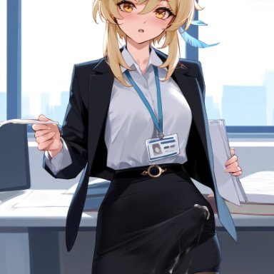 genshin impact, lumine (genshin impact), doseogwan, 1futa, balls, balls under clothes, black jacket, black skirt, blonde hair, breasts, bulge, bulge through clothing, clothed, cum, cum drip