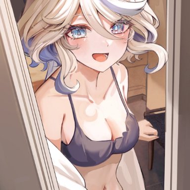 genshin impact, furina (genshin impact), 1girls, alternate costume, apartment, bare shoulders, belly button, bra, breasts, casual, cleavage, collarbone, doorway, eye contact, female