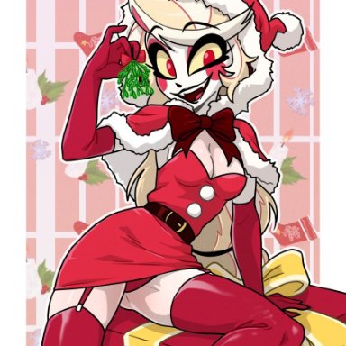 christmas, hazbin hotel, twitter, centinel303, tana, breasts, christmas outfit, cleavage, female, red eyes, smile, smiling, solo