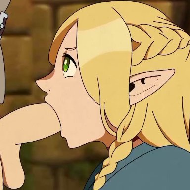 dungeon meshi, laios touden, marcille donato, tongol123, 1boy, 1girls, armor, blonde hair, blowjob, choker, elf, female, green eyes, male, penis