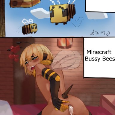 minecraft, bee (minecraft), kumo no mae, anal sex, bee, bee costume, bee stinger, bussy, cum in ass, dark skinned femboy, femboy, gay, hearts around head, insect boy, insect wings