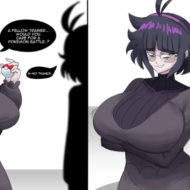 original, pokemon, hex maniac, keiko (emmarrgus), original character, emmarrgus, 2girls, ahoge, attribute theft, baggy clothing, breast expansion, breast reduction, dress, glasses, growth