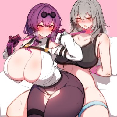 honkai (series), honkai: star rail, kafka (honkai: star rail), stelle (honkai: star rail), rikuguma, 1futa, 1girls, collar, collared shirt, futanari, huge breasts, implied futanari, leash pull, pink background, solid color background