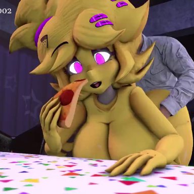 five nights at freddy's, fredina's nightclub, chica (cally3d), chica (fnaf), chiku, hotstuff, hs2, anthro, big breasts, cum inside, eating, furry, vaginal penetration, animated, tagme