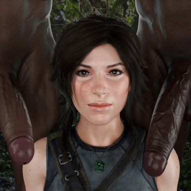 tomb raider, tomb raider (survivor), lara croft, lara croft (survivor), 1girls, 2boys, balls, big penis, brown eyes, brown hair, clothed female nude male, cock, dark skin, dark-skinned male, female