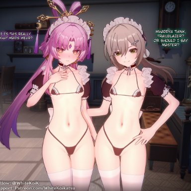 honkai: star rail, fu xuan (honkai: star rail), qingque (honkai: star rail), white (artist), whitekoi, 2girls, before sex, breasts, looking at viewer, maid, maid bikini, navel, panties, petite, small breasts