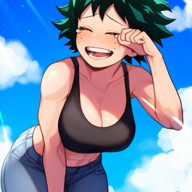 my hero academia, female deku, izuku midoriya, krystalizedart, 1girls, abs, black shirt, blue sky, cleavage, closed eyes, cloudscape, crying with eyes open, eyelashes, green hair, hand on hip